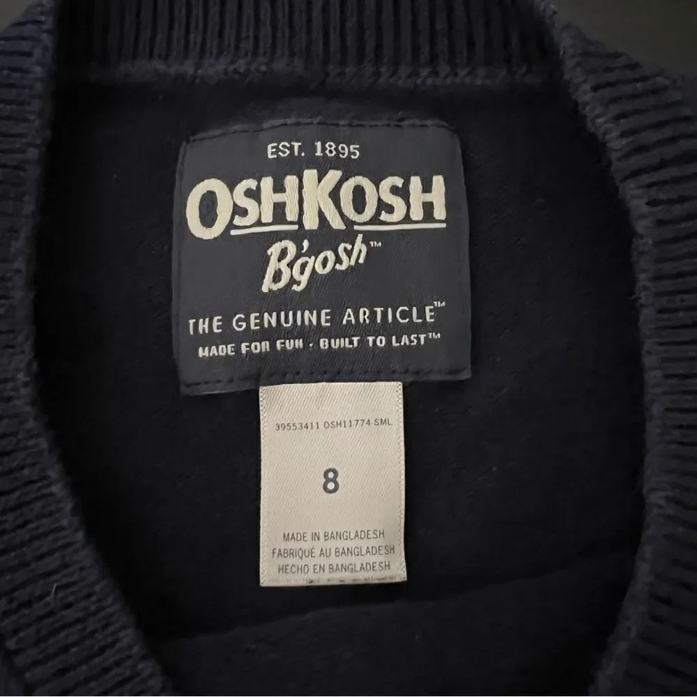 OshKosh B'Gosh Sweater Boys Size 8 Navy Blue Dinosaur Dino Crew Neck Cotton
